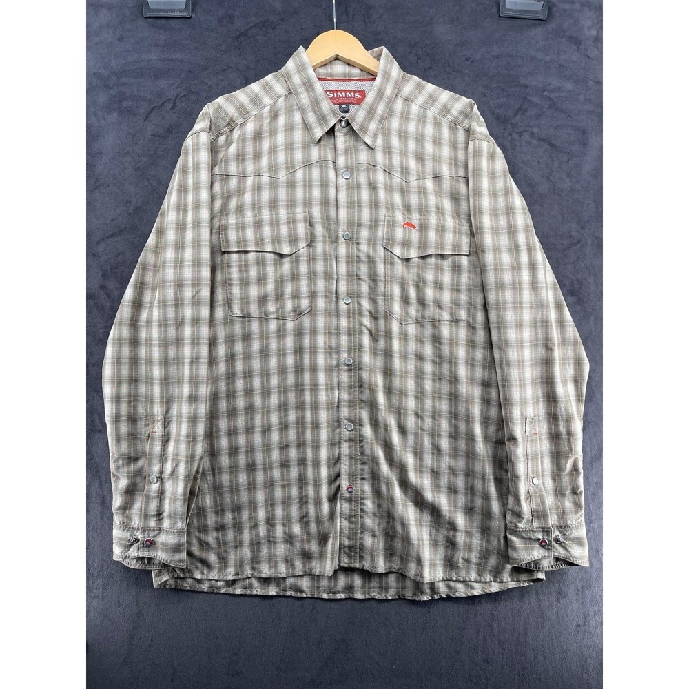 Simms Fishing Mens XL Plaid Snap Shirt Oyster Bamboo Fly Rods Long Sleeve